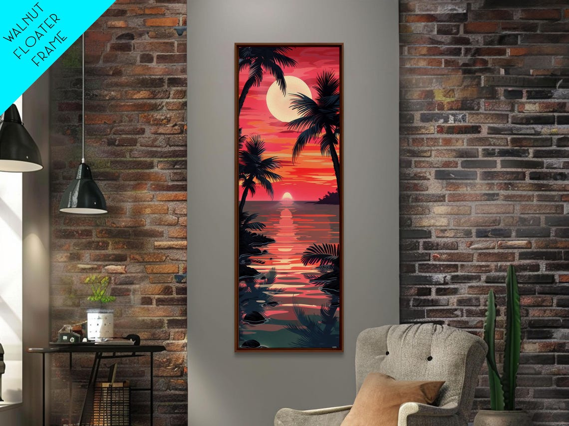 Serene Sunset With Palm Trees And Tranquil Ocean Reflection Ukiyo E Wood Block Tall Skinny Art Framed Print - Image 6