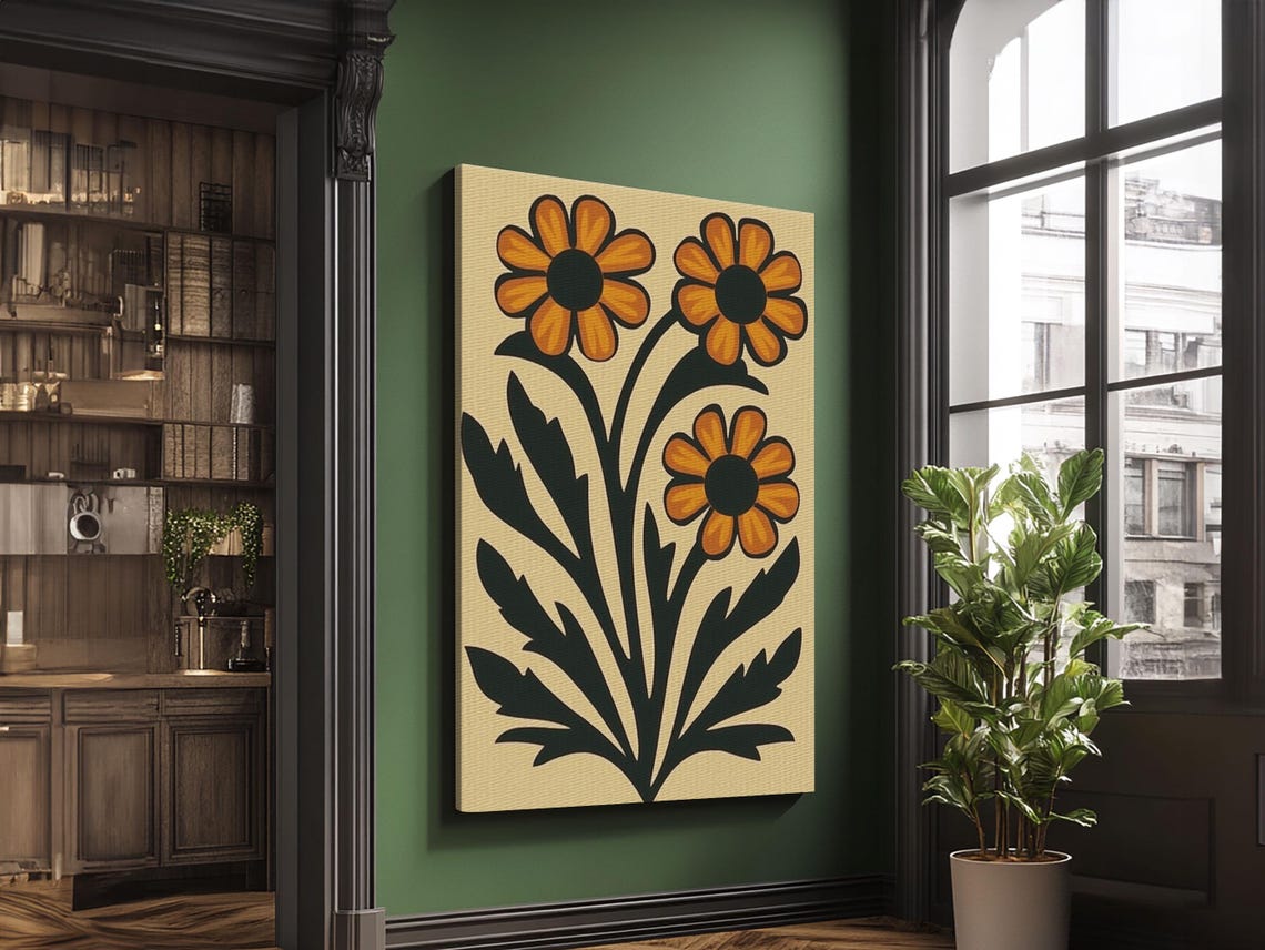 Boho Daisy Flower Floral Botanical Mustard Cream Midcentury Print - Image 5