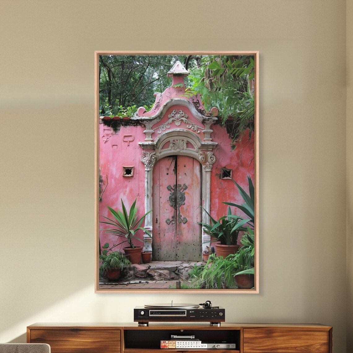Vintage Rose Pink Wooden Door Ornate Stone Portal Garden Travel Poster