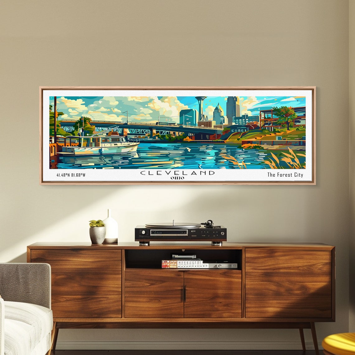 Cleveland Ohio Waterfront Harbor Boats Downtown Skyline Travel Poster
