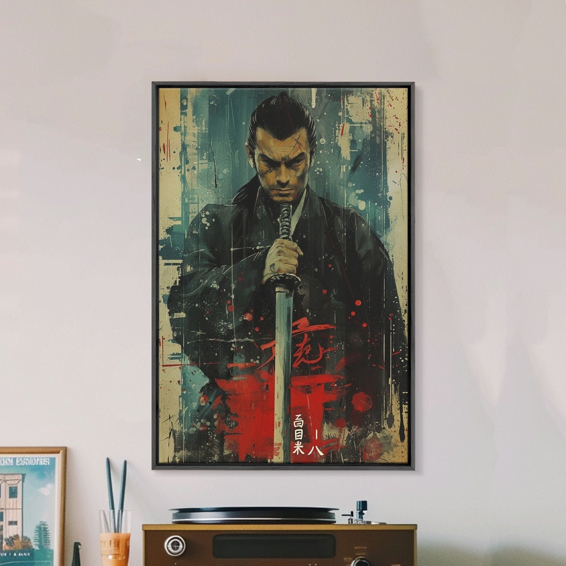 Samurai Warrior Katana Splatter Paint Teal Red Japanese Wall Art - Image 3