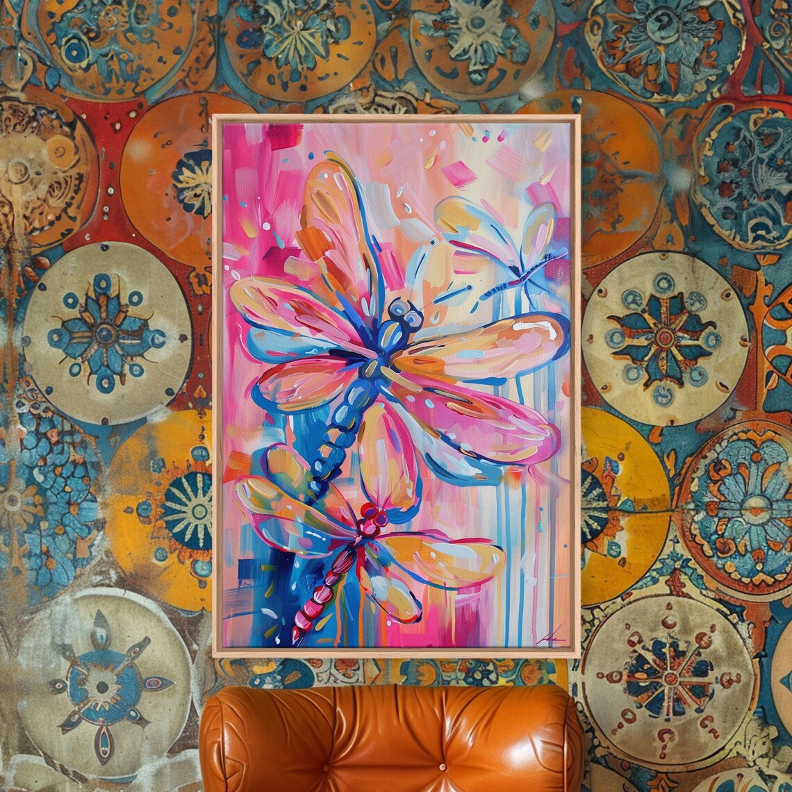 Trio Of Colorful Dragonflies Abstract Pink Blue Nature Poster - Image 4