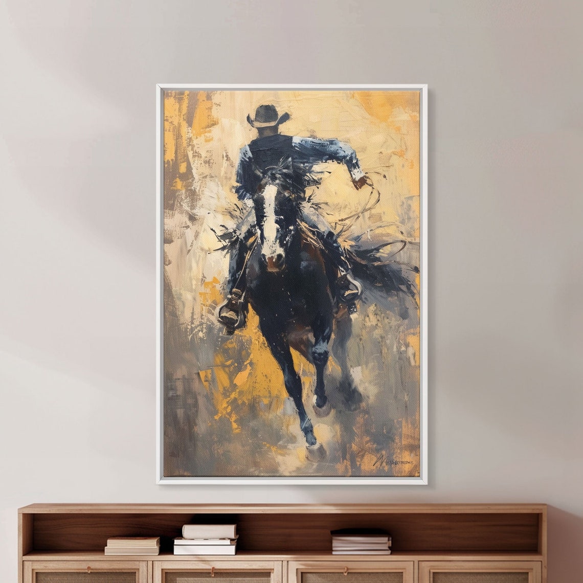Cowboy Riding Fast Horse Painterly Golden Western Action Poster - Image 3