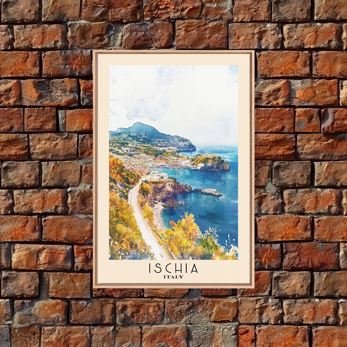 Ischia Italy Coastal Town Harbor Bay Hills Watercolor Travel Poster - Image 4