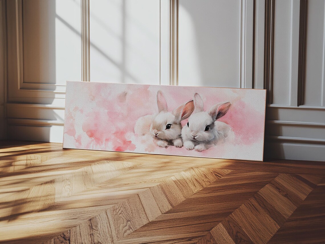 Adorable White Bunny Pair Pink Watercolor Nursery Animal Wall Art - Image 6