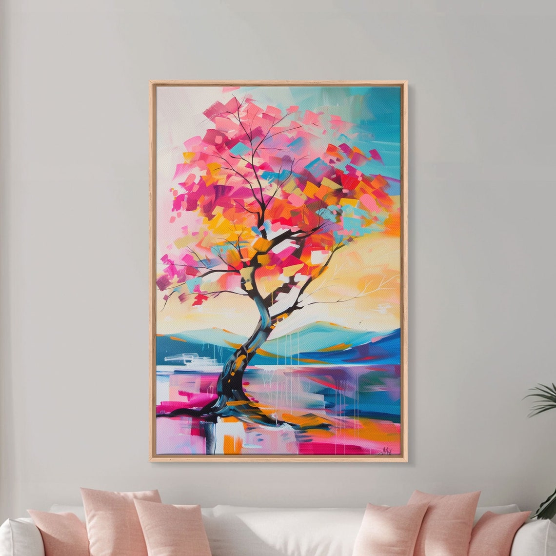 Colorful Windswept Tree By Lake Mountains Sunset Nature Art Poster - Image 2