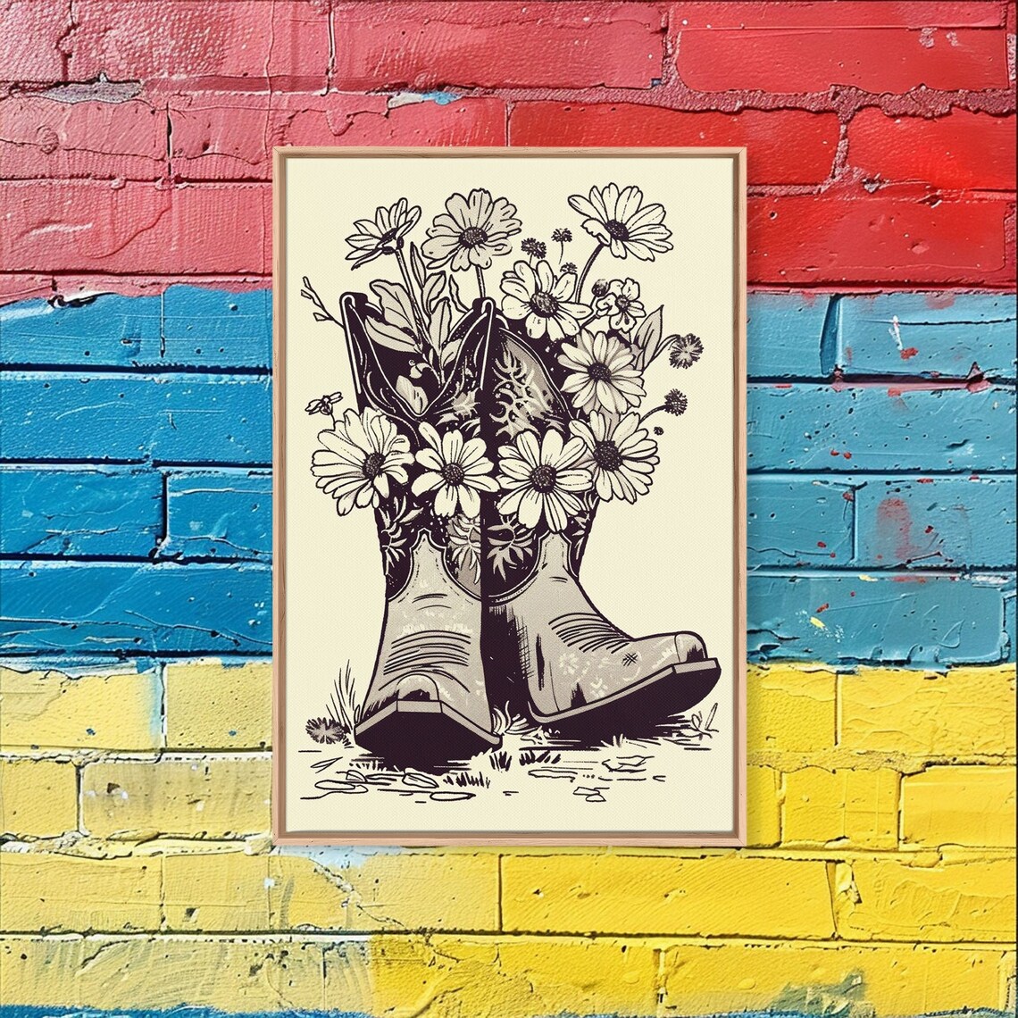 Cowboy Boots With Daisies Vintage Line Art Floral Western Wall Poster - Image 4