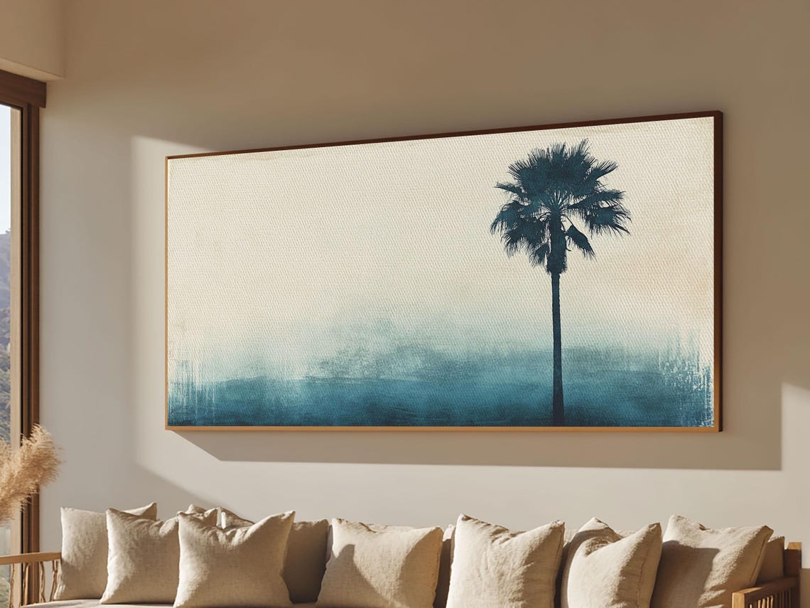Lone Palm Tree Silhouette Blue Coastal Watercolor Minimalist Wall Art - Image 4