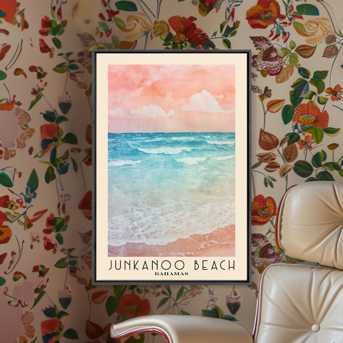 Junkanoo Beach Bahamas Pink Sky Turquoise Surf Waves Watercolor Art Poster - Image 2