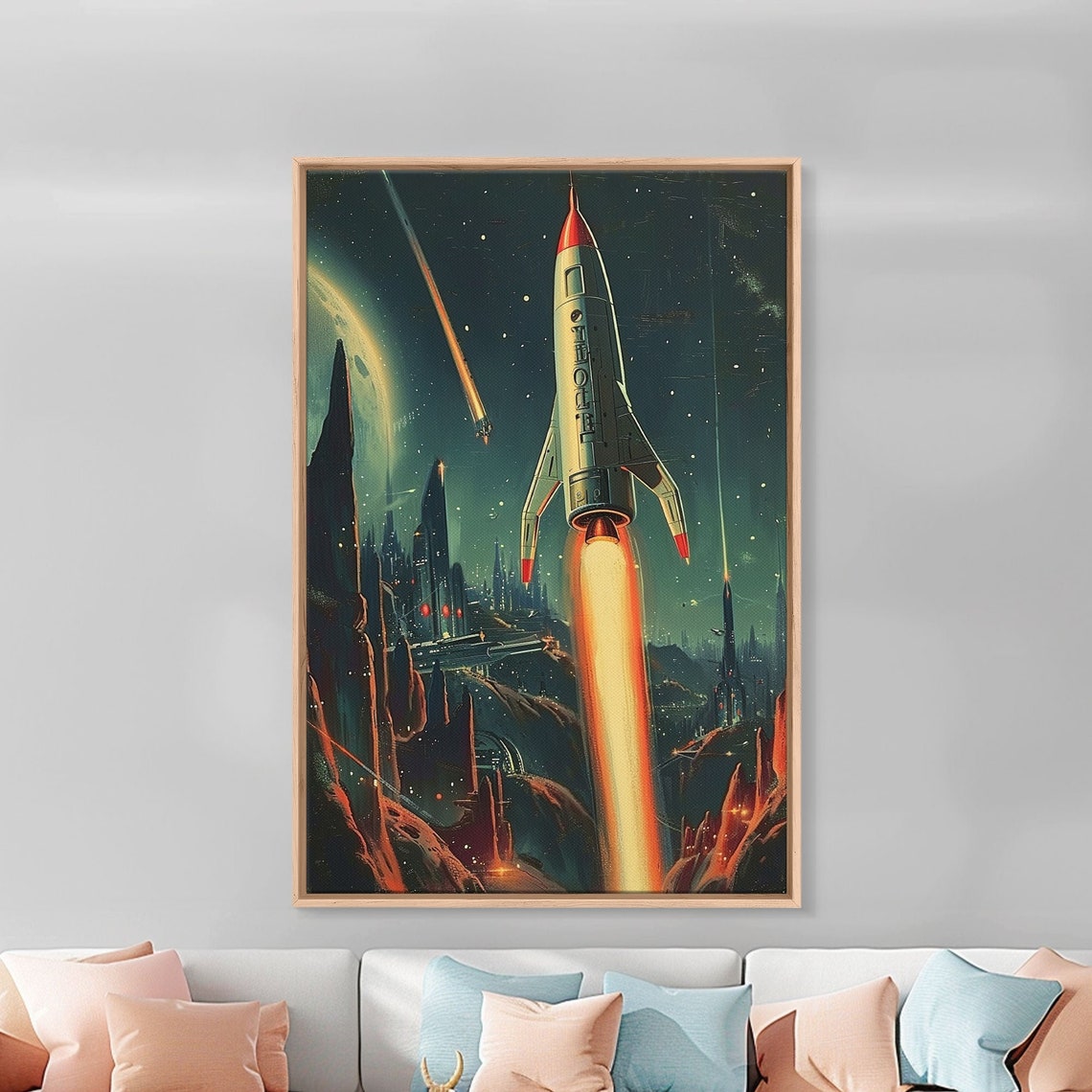 Retro Rocketship Launch Poster Vintage Space Propaganda Alien City Art - Image 5