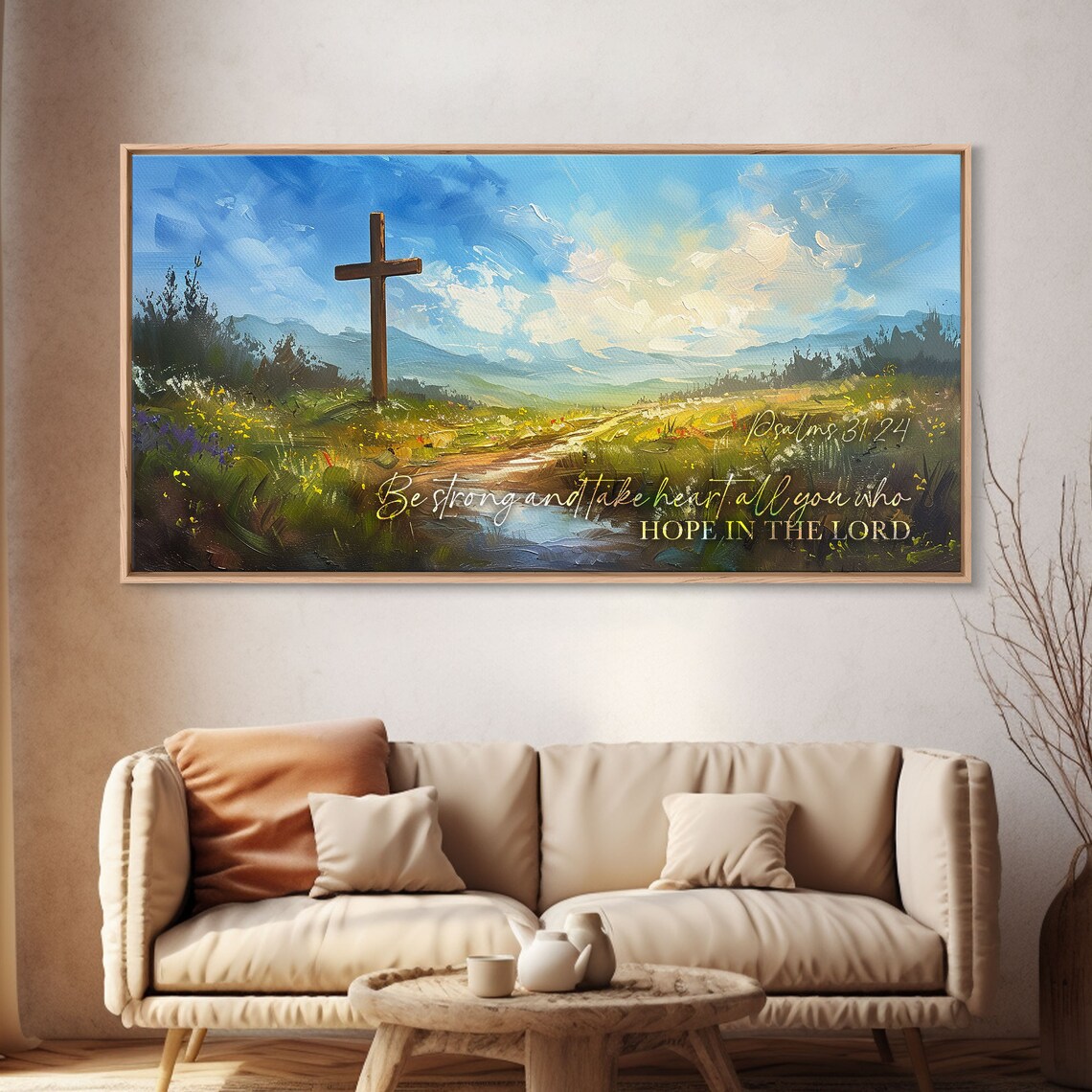 Psalms 31:24 Scripture Wall Art Be Strong Cross Meadow Christian Quote Poster - Image 4
