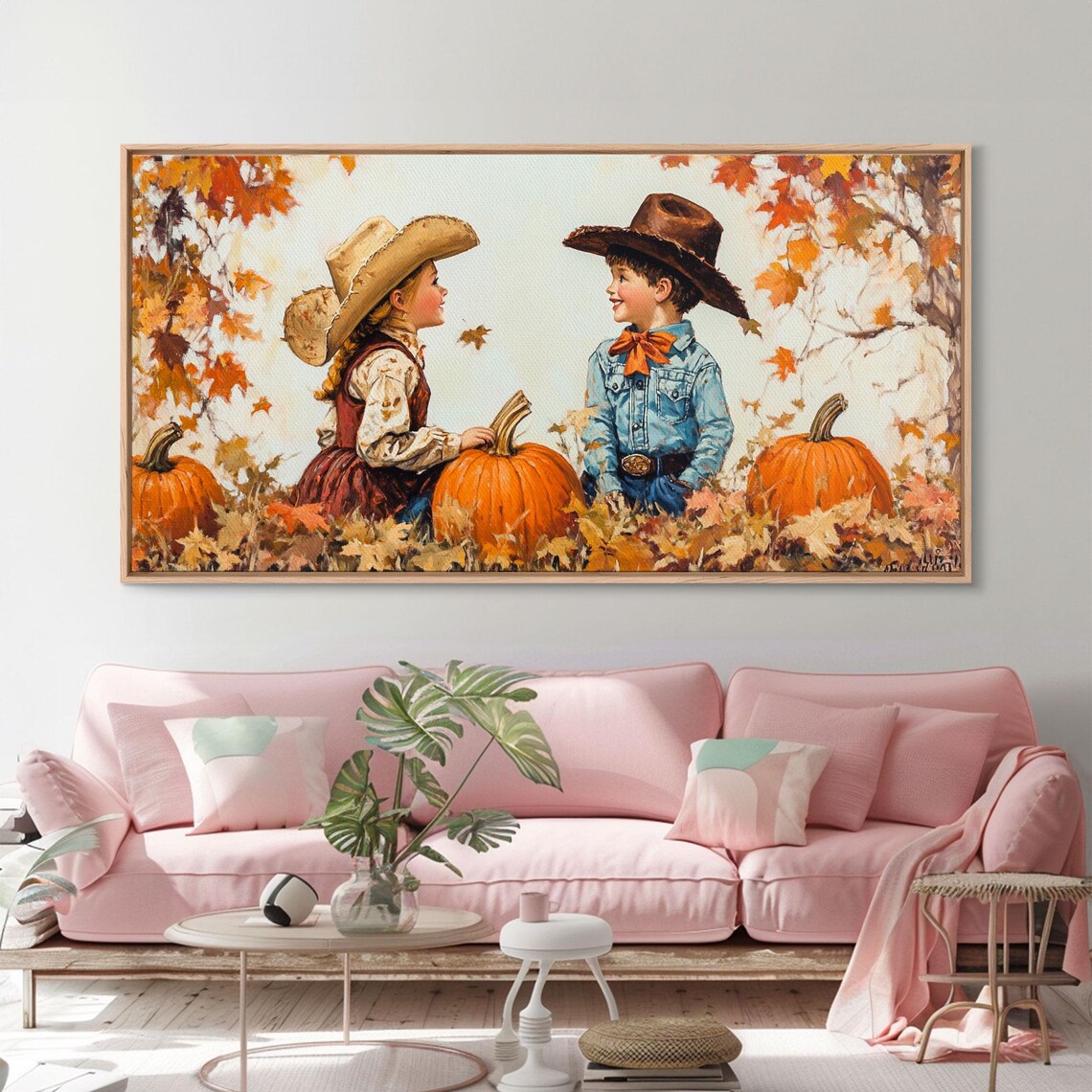 Cowboy Cowgirl Kids In A Pumpkin Patch Vintage Fall Art Print