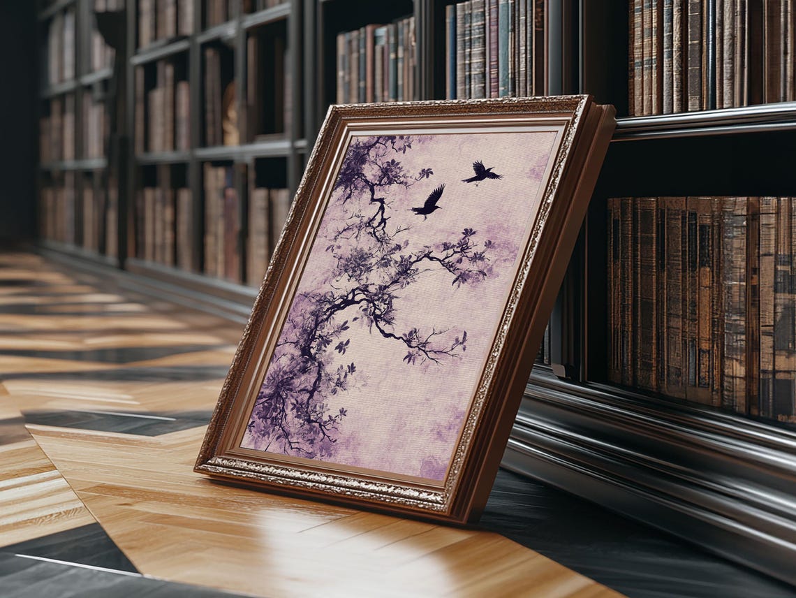 Purple Ink Tree Branches Flying Crows Wabi Sabi Minimalist Art Poster - Image 4