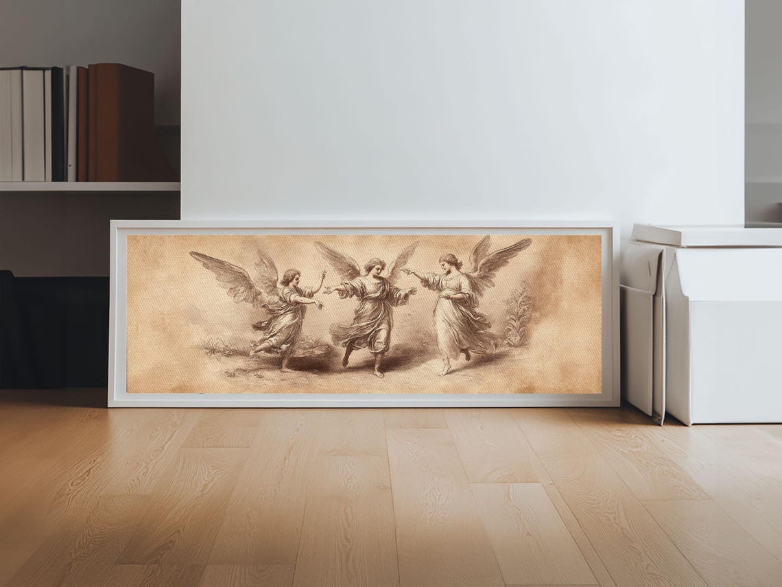 Three Angels Dancing Vintage Sepia Sketch Panoramic Angel Wall Poster - Image 3