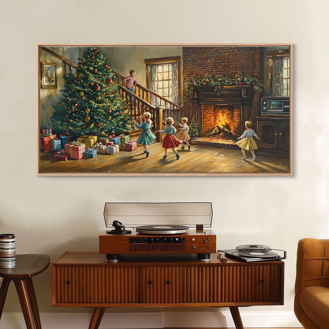 Children Dancing Christmas Tree Fireplace Gifts Vintage Wall Art - Image 6