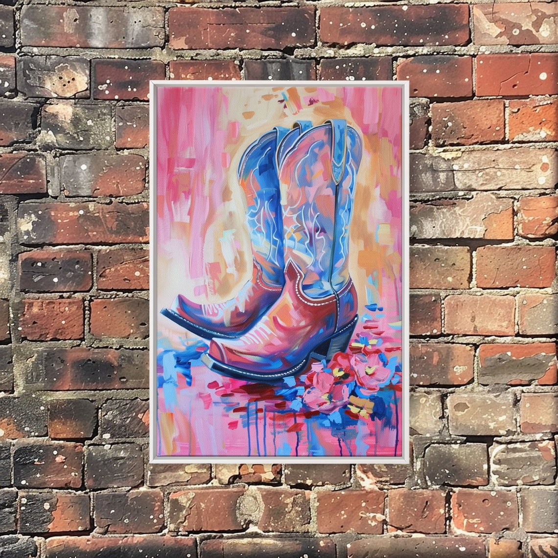 Pink Cowboy Boots Watercolor Floral Western Boho Style Wall Art - Image 2