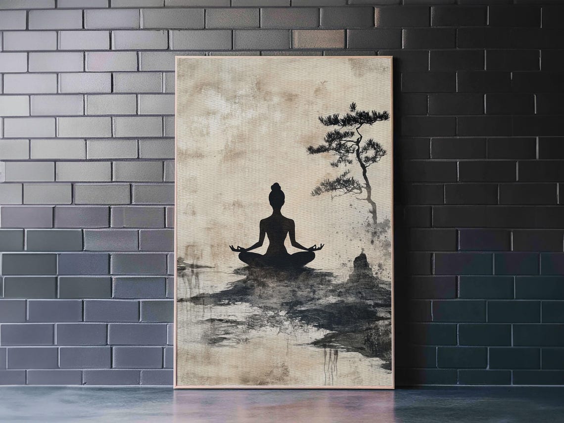 Zen Meditation Silhouette Pine Tree Ink Wash Minimalist Calm Wall Art - Image 5