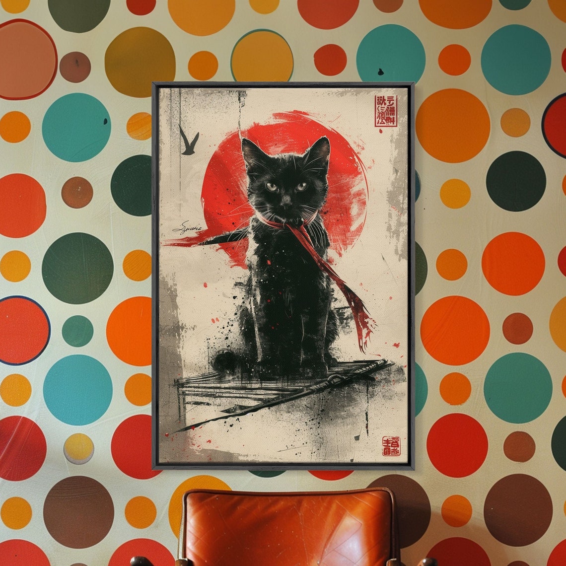 Japanese Samurai Cat Poster Black Cat with Katana and Red Sun Art - Image 3