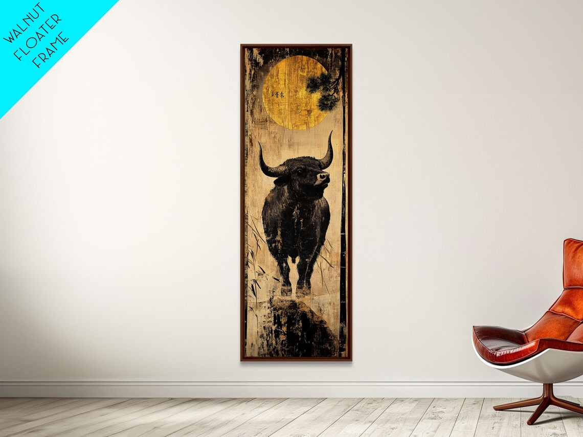 Bull Moonlight Scene, Rustic Farmhouse Wall Art Print - Image 2