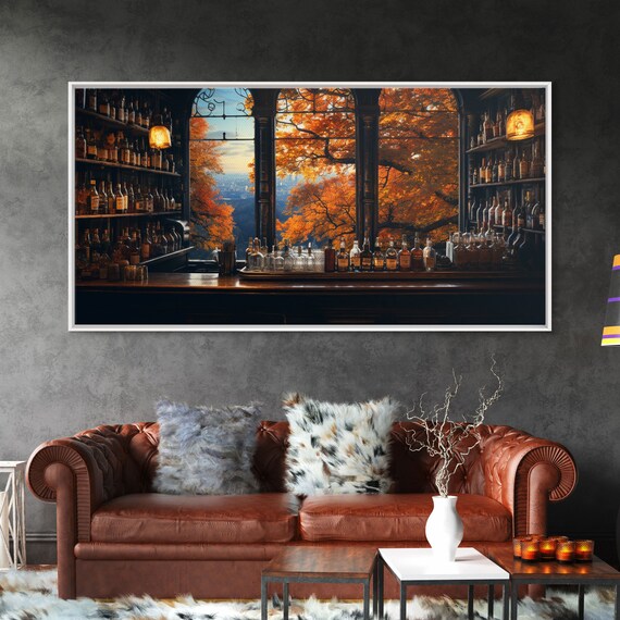 Vintage Bar Interior Autumn Window Fall Foliage Cozy Painting Poster
