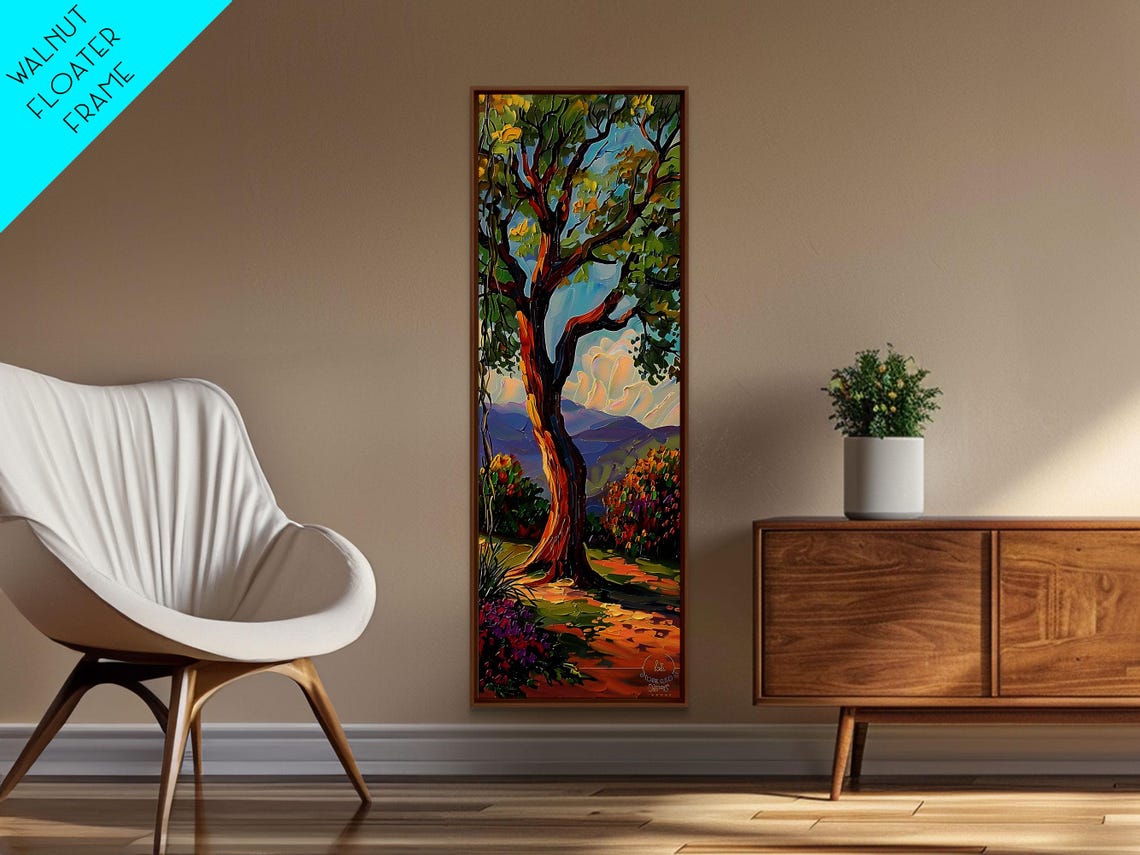 Gnarled Oak Tree On Mountain Path With Wildflowers Impasto View Poster - Image 5
