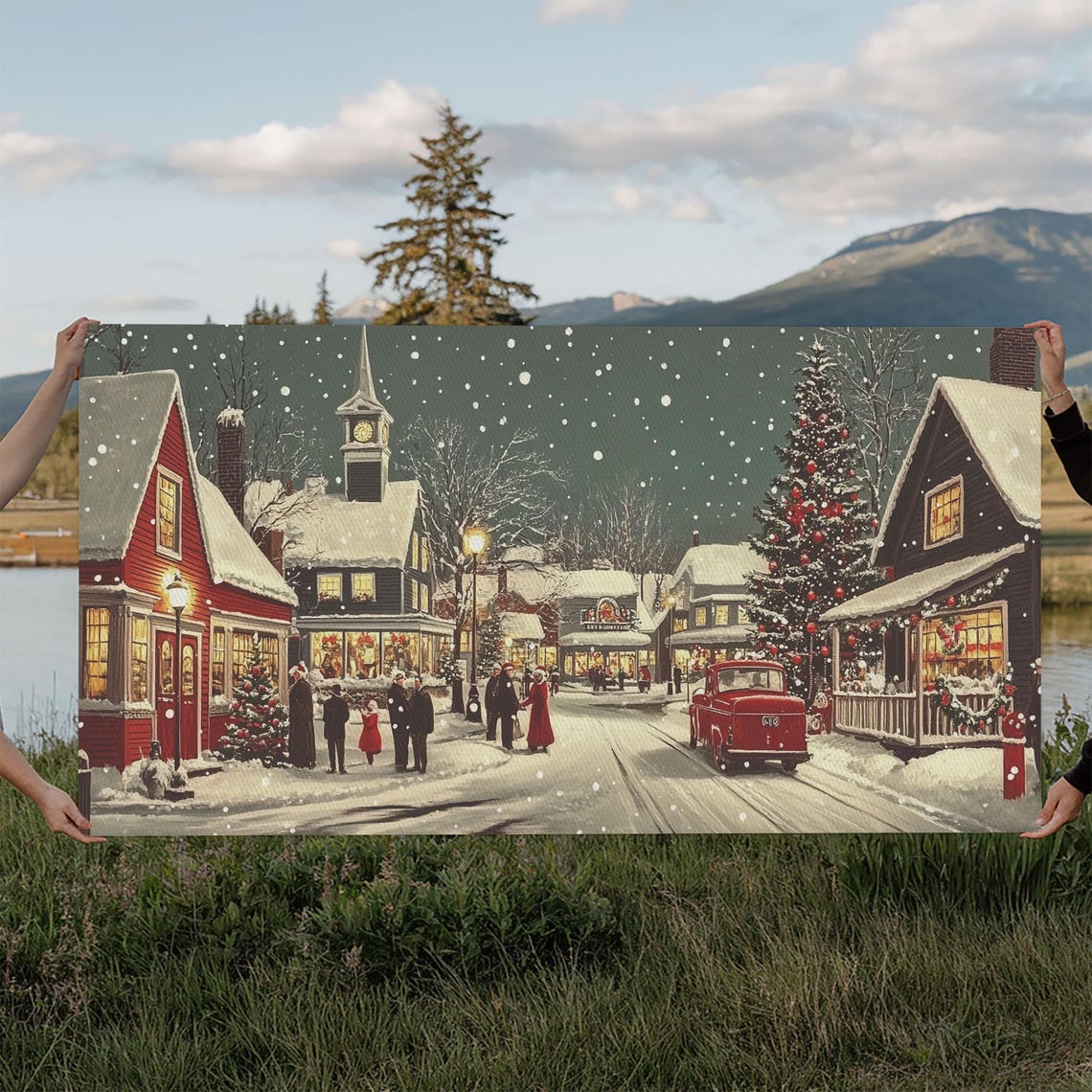 Funky Christmas Village Wall Art Oil Painting Print Christmas Home Decor Christmas Art Ready To Hang Painting Christmas Painting