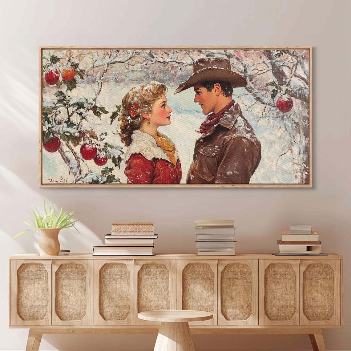 Cowboy Cowgirl Meet Under Mistletoe In Snowy Winter Orchard Poster