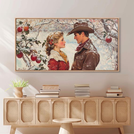 Cowboy And Cowgirl Meet Under The Mistletoe Framed Print Cute Winter Wall Art Christmas Home Decor Seasonal Rustic Decor