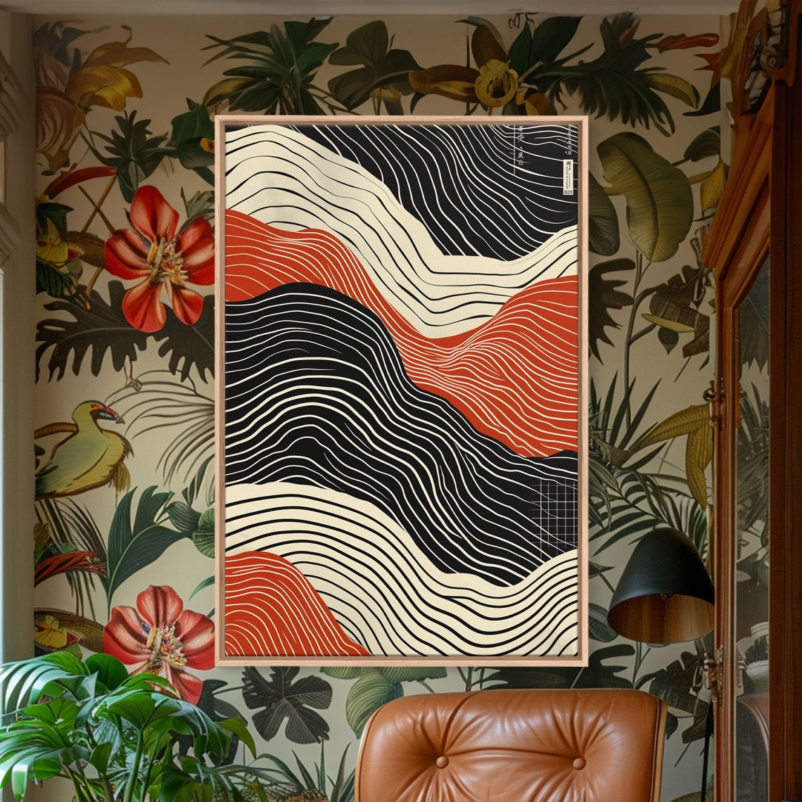Japandi Ripple Wall Art Print Abstract Wave Lines in Rust Black Cream - Image 4