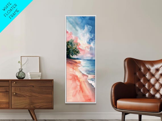 Tropical Beach Watercolor Art Framed Print Skinny Tall Art Coastal Landscape Wall Art Living Room Decor Bedroom Art Print