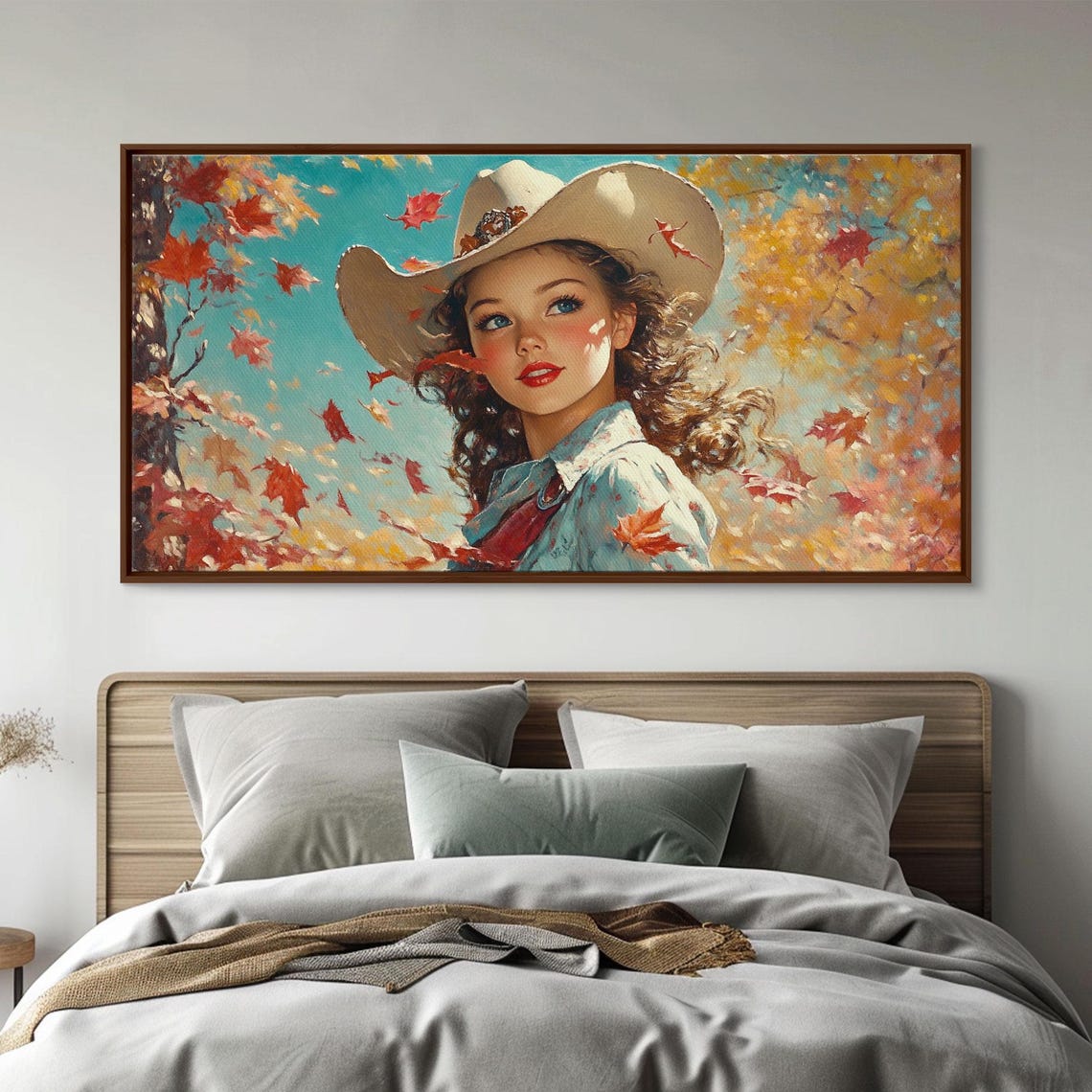 Cowgirl Cowboy Hat Autumn Leaves Falling Rustic Western Art Poster - Image 3