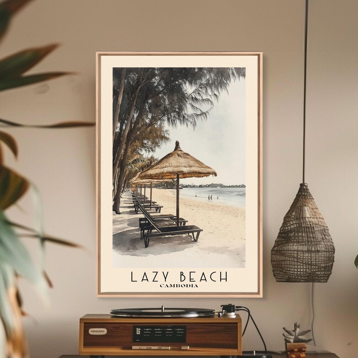 Lazy Beach Cambodia Thatched Umbrellas Lounge Chairs Shady Shore Poster