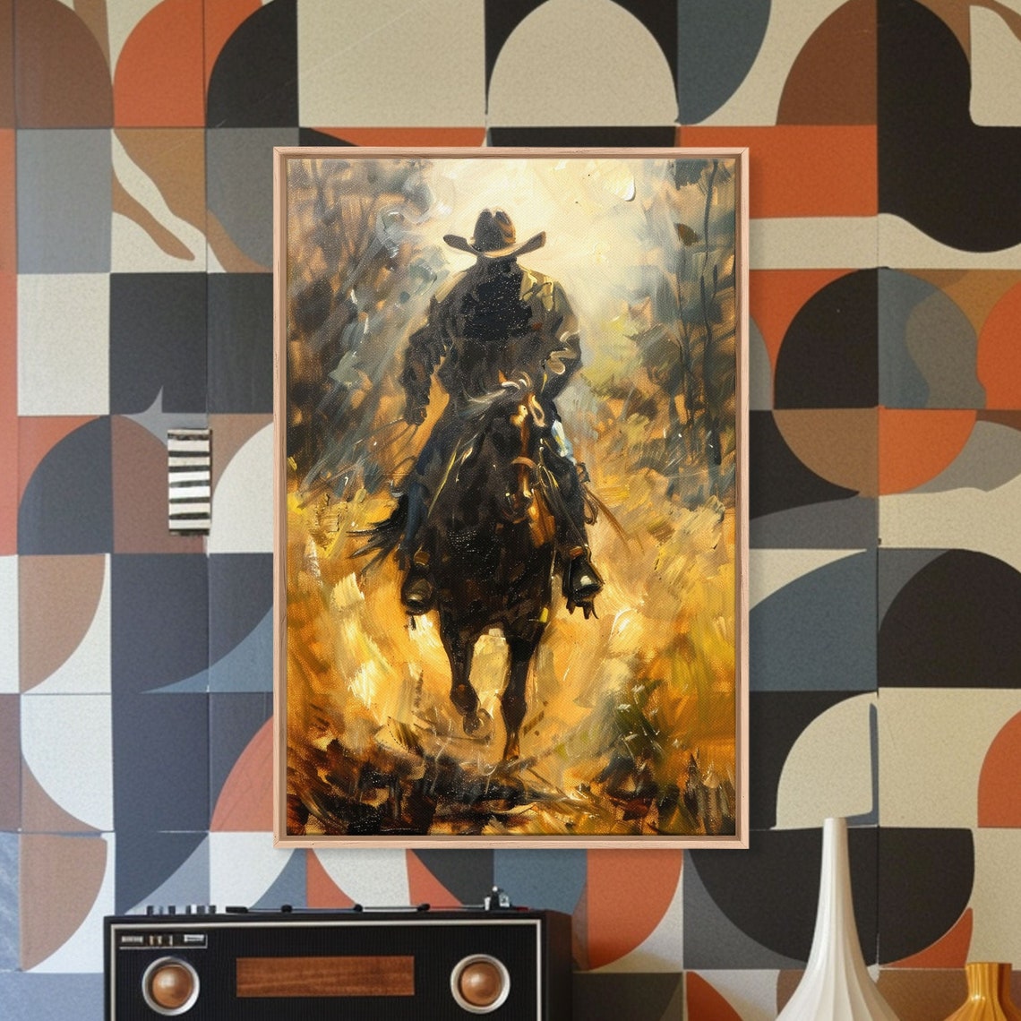 Cowboy Riding Into Golden Light In Impressionist Western Art Poster - Image 2