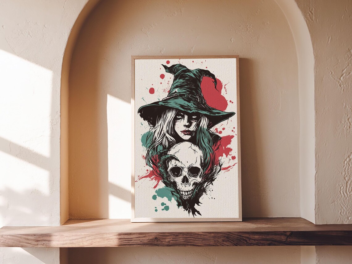 Witch Skull Portrait Dark Gothic Teal Graphic Style Halloween Wall Art Poster - Image 3