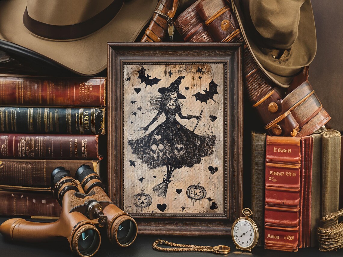 Witch Flying Broomstick Bats Vintage Silhouette Halloween Gothic Wall Art Poster - Image 5