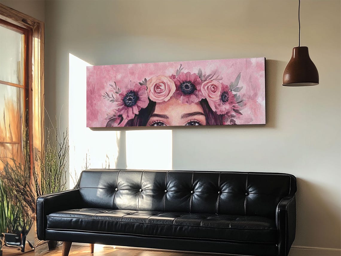 Blush Floral Crown Goddess Pink Rose Watercolor Portrait Wall Art - Image 5