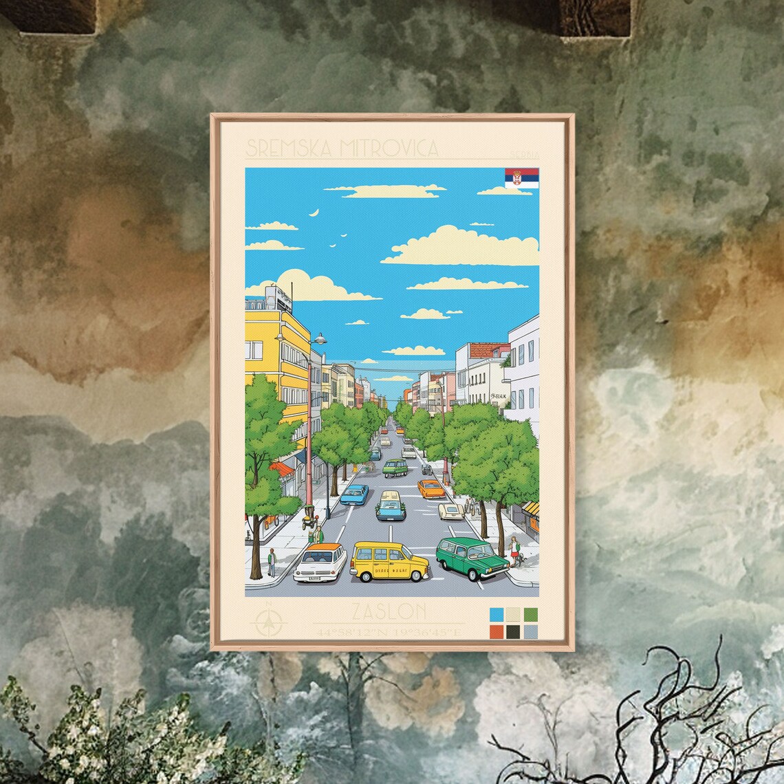 Sremska Mitrovica Serbia Vintage Cars Tree Lined Street Travel Poster