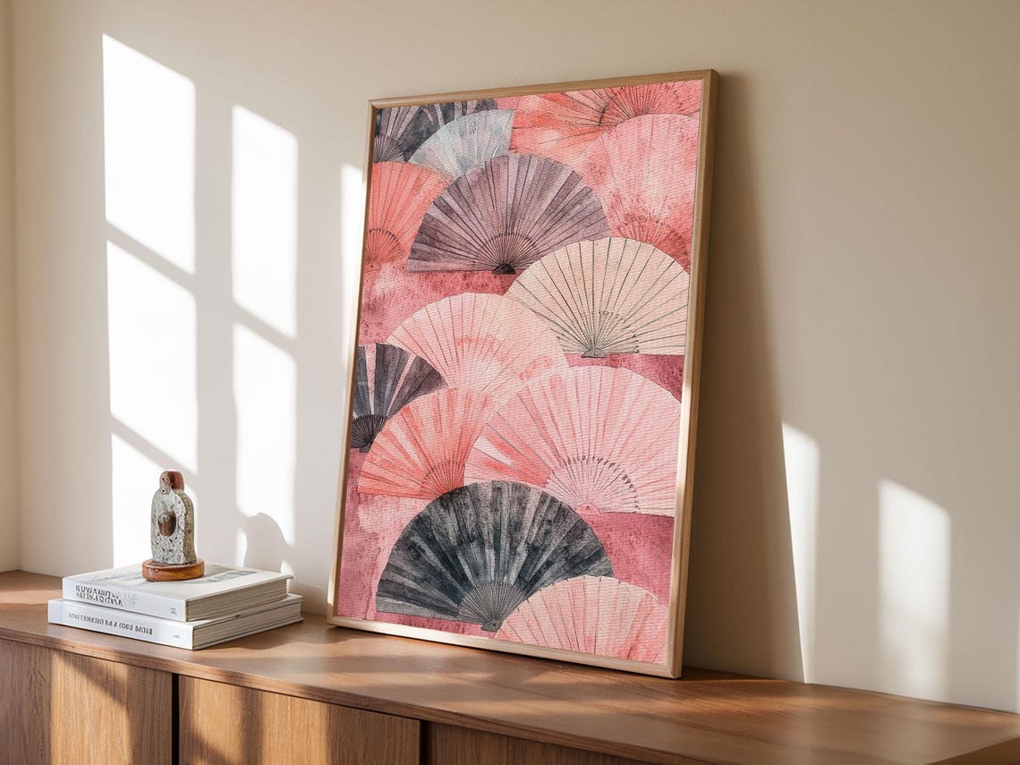 Pink Floral Folding Fans Japanese Chinoiserie Elegant Decor Wall Art - Image 3