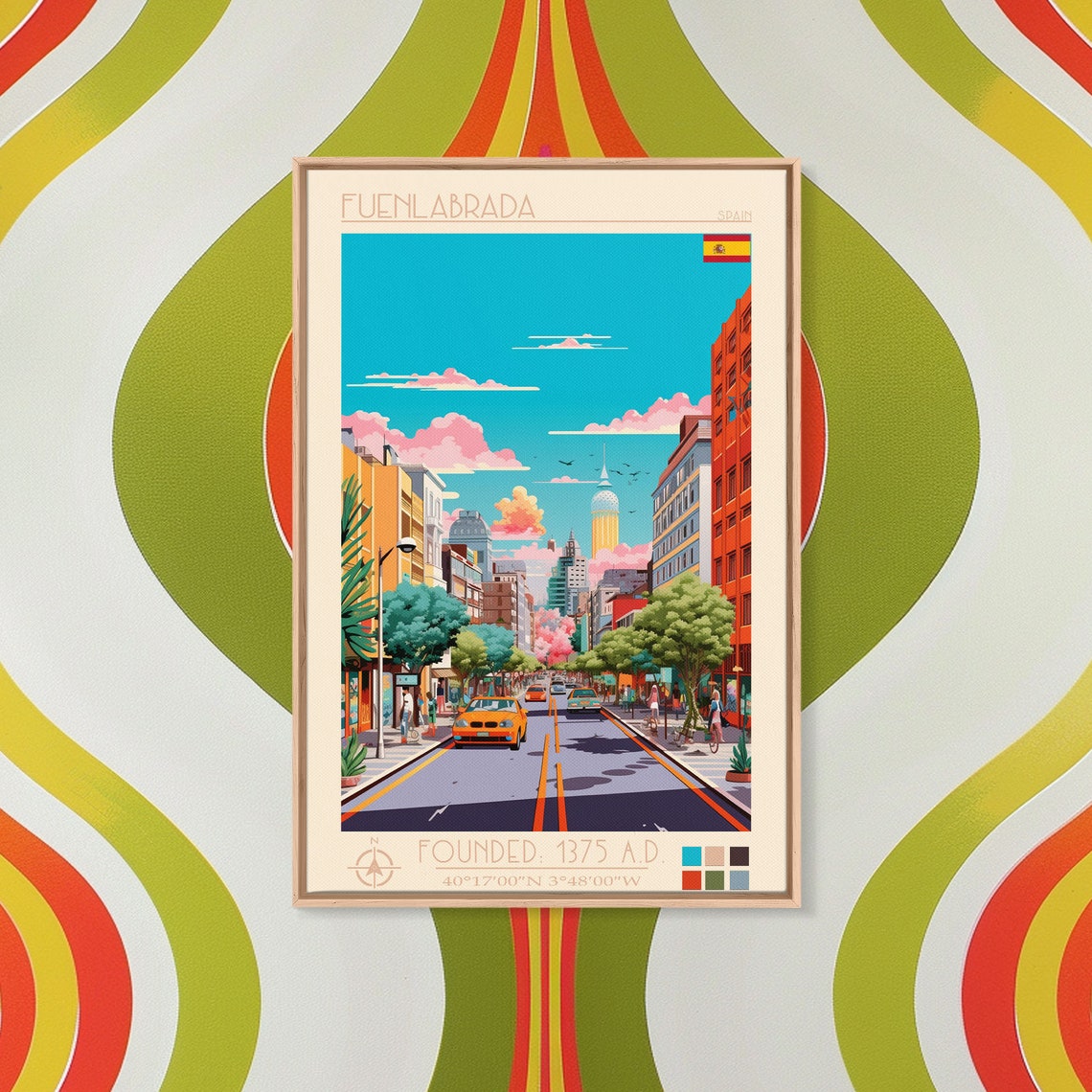 Fuenlabrada Spain Tree Lined Avenue Skyline Yellow Taxi View Poster - Image 2