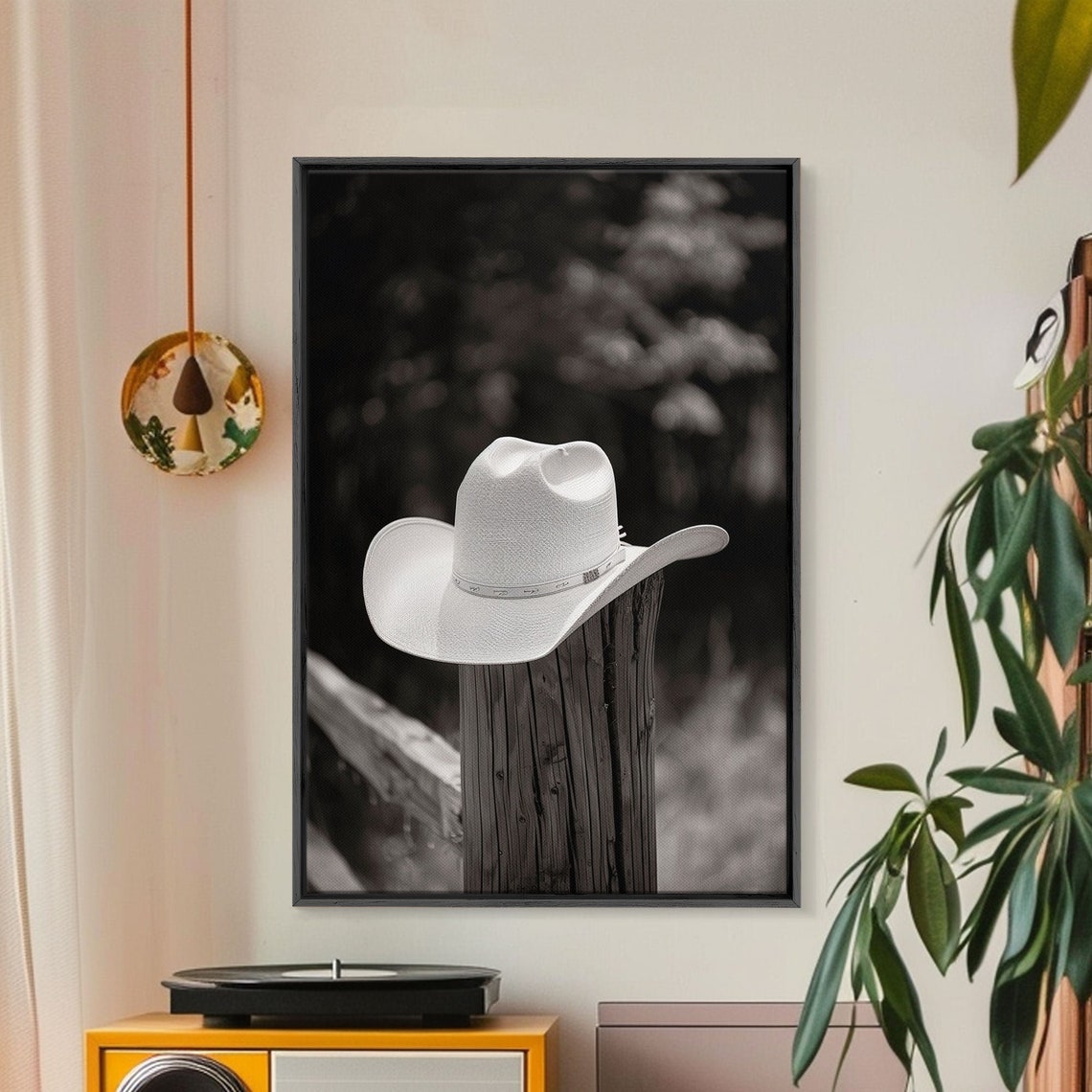White Cowboy Hat On Wooden Fence Post Rustic Black White Photo Poster - Image 3