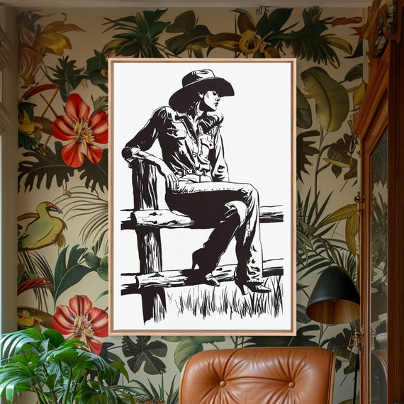 Cowgirl Resting On Fence Art Print Western Silhouette Framed Vintage Cowgirl Artwork Rustic Home Decor