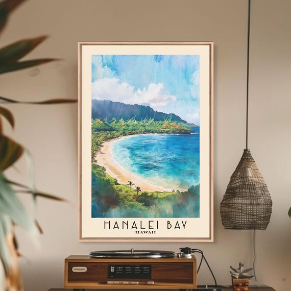 Hanalei Bay Hawaii Watercolor Beach Print Vacation Gift Hawaii Wall Art Framed Print Framed Beach Painting