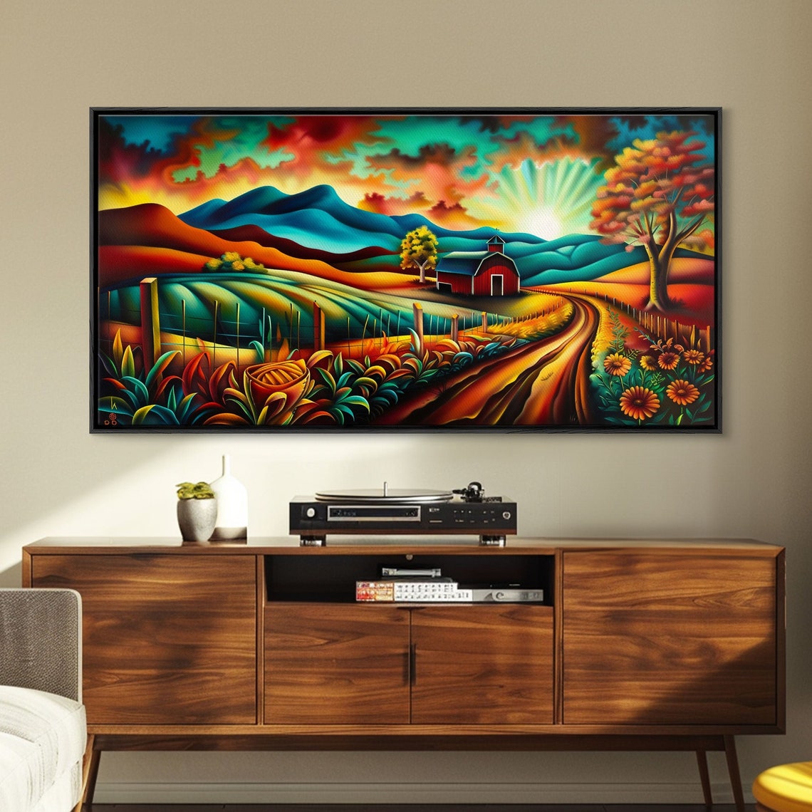 Colorful Red Barn Farm Sunrise Rolling Hills Folk Art Landscape Poster - Image 5