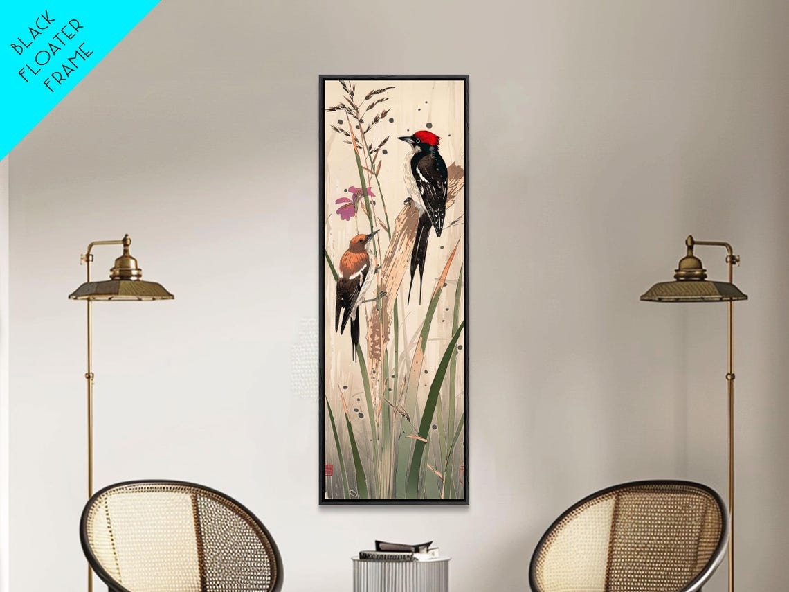 Two Woodpeckers Perched Among Reeds Vintage Japanese Style Wall Art - Image 6
