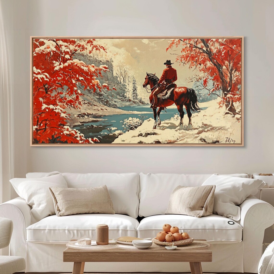 Vintage Cowboy In Red Coat By Snowy River Autumn Leaves Trail Poster - Image 4