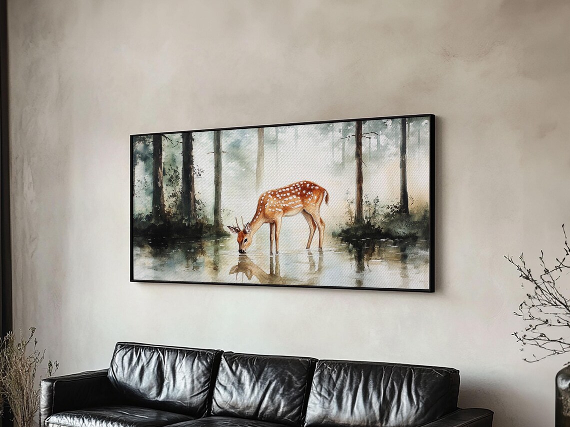 Spotted Deer Drinking Water Panoramic Painting Misty Forest Reflection Poster - Image 5