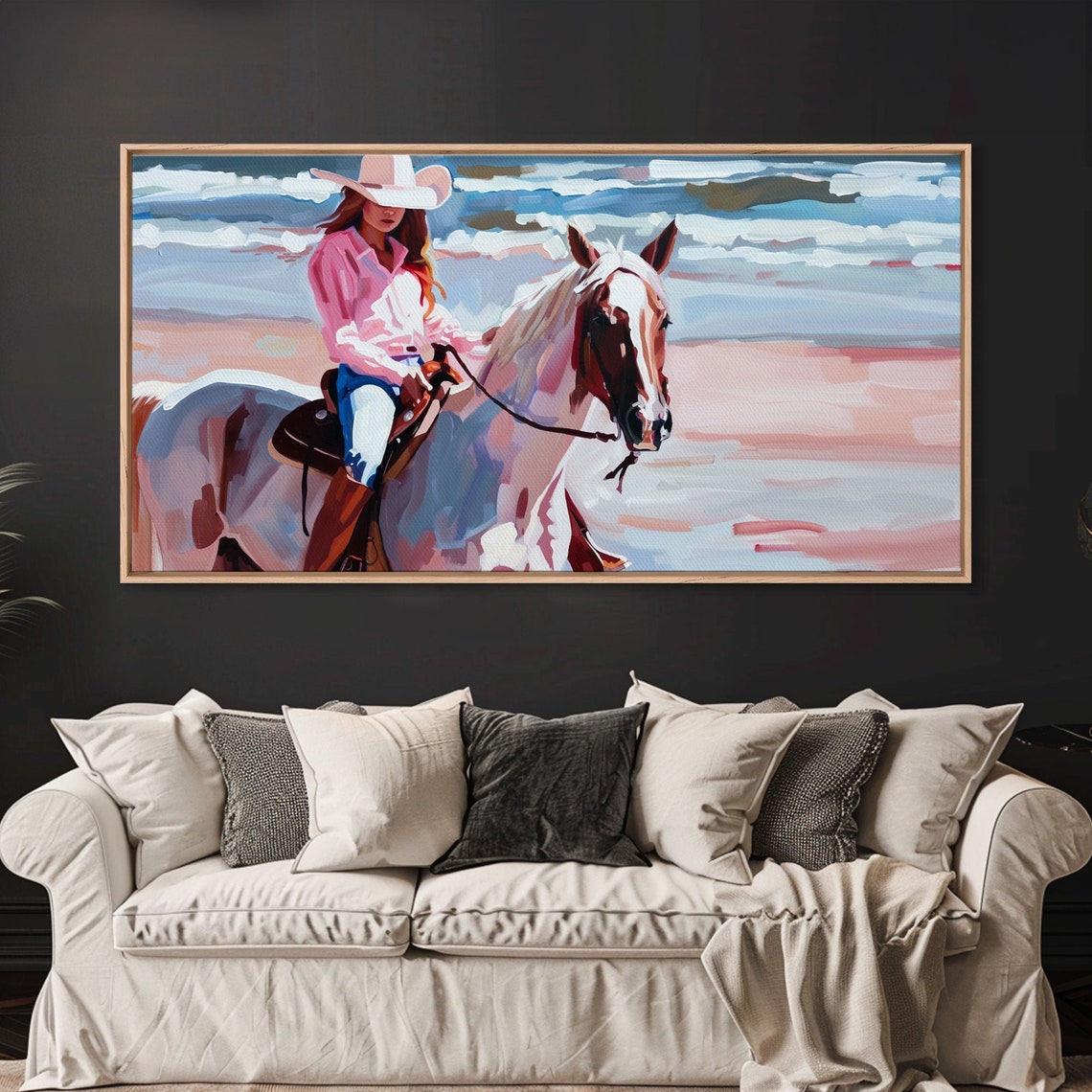 Cowgirl In Pink Shirt Riding Horse By The Sea Beautiful Framed Print Coastal Living Room Art Beach Bedroom Decor Horse Art - Image 5