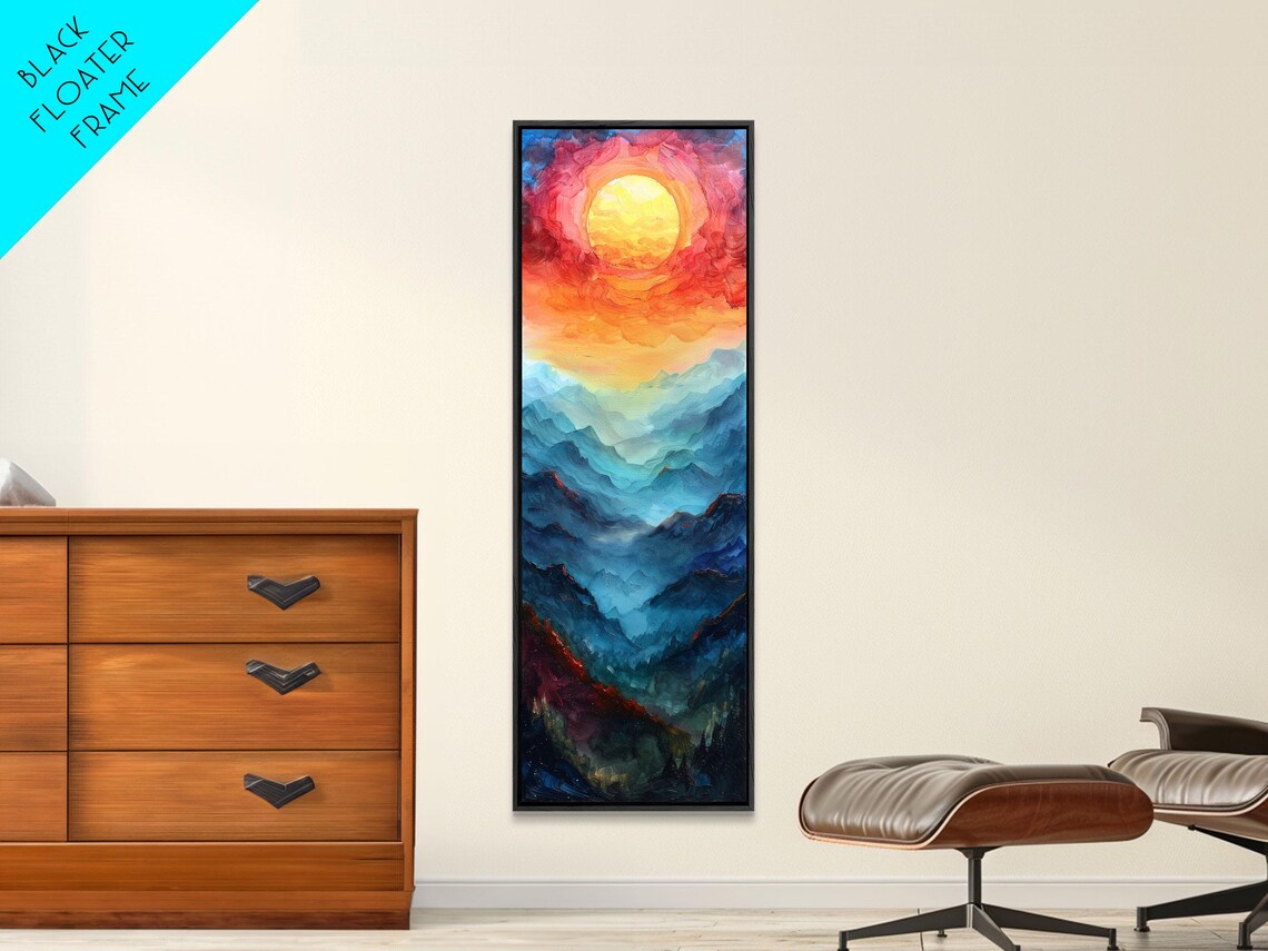 Majestic Sunrise Over Mountain Range Boho Sunset Landscape Framed Print Tall Art Japanese Style Art