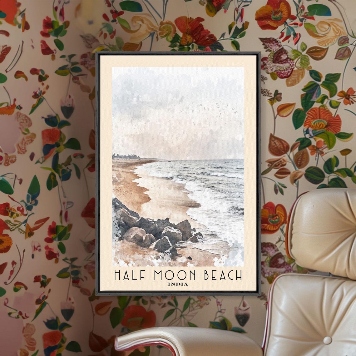 Half Moon Beach India Quiet Shoreline Surf Watercolor Travel Poster - Image 2