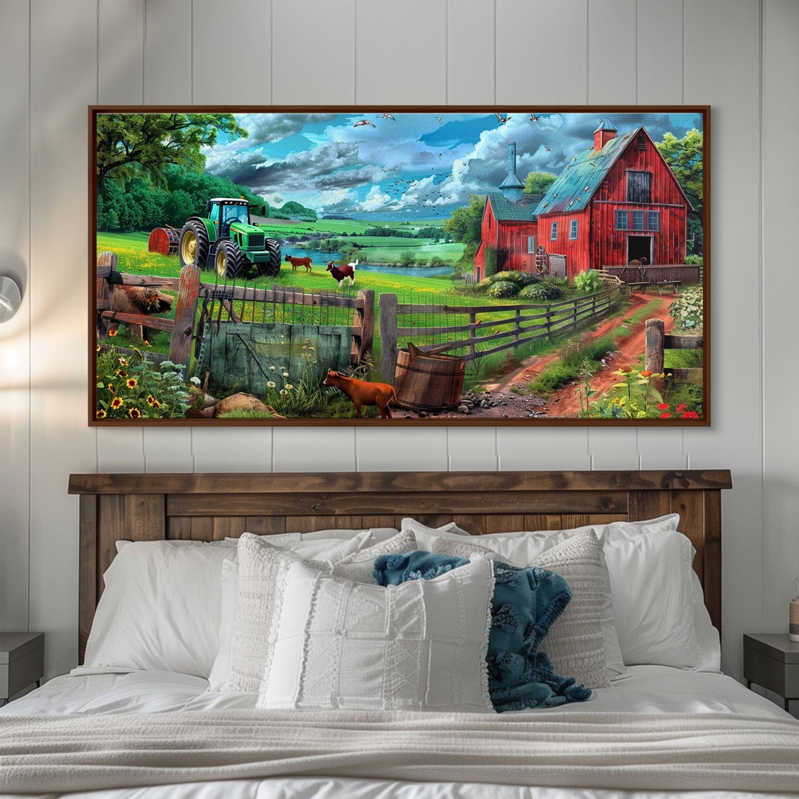 Red Barn Green Tractor Cows Gate Sunflowers Farm Valley Art Poster - Image 3